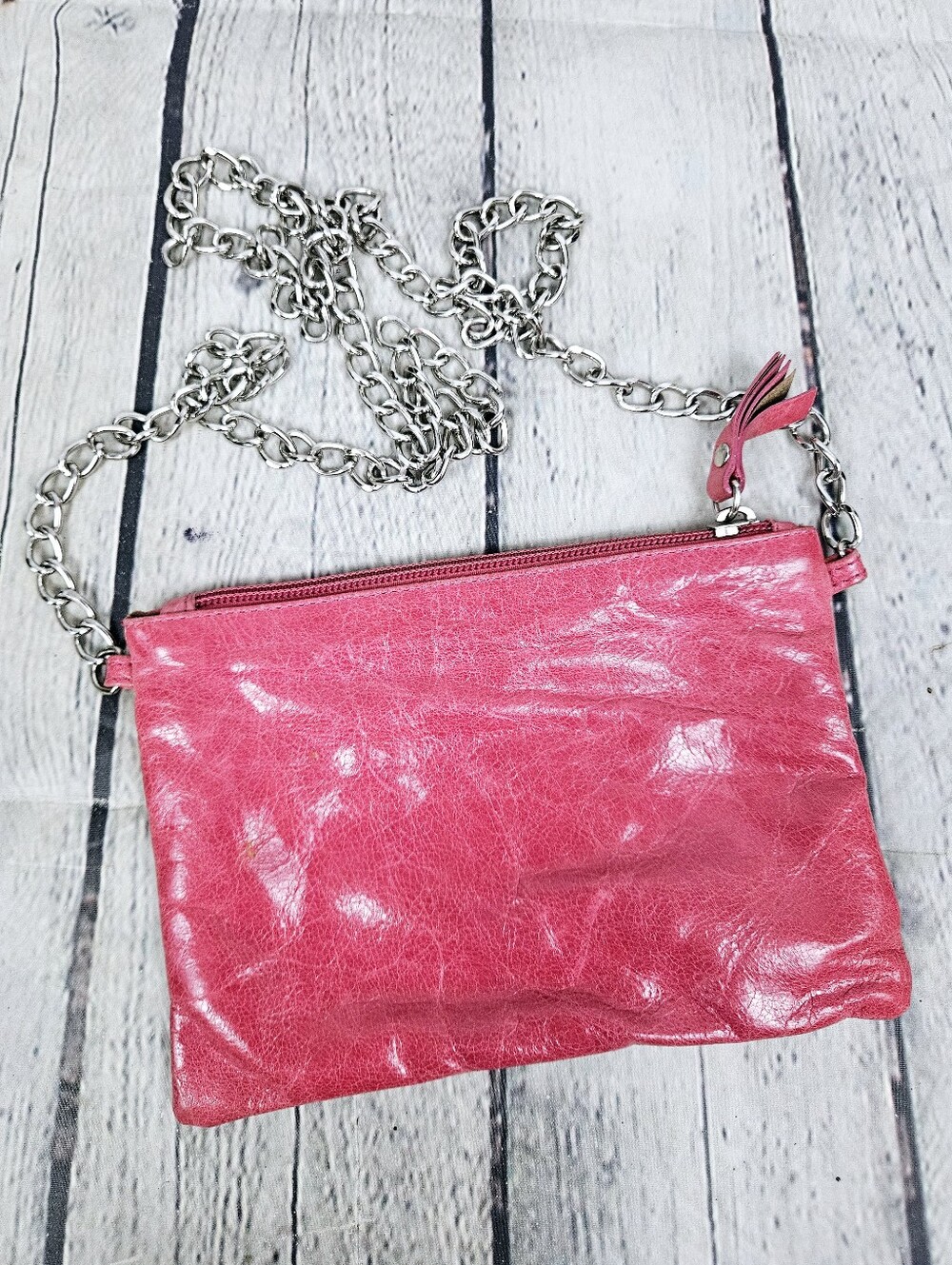 PULICATI | distressed pink leather & chain crossbody bag purse